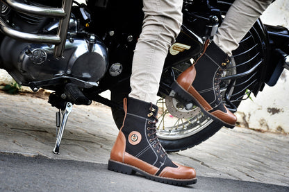 Biker Boots : Black & Tan leather Rider boots for bikers with Memory foam footpad.