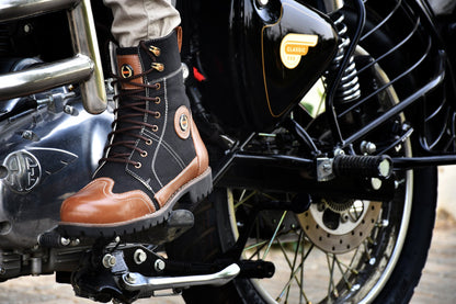 Biker Boots : Black & Tan leather Rider boots for bikers with Memory foam footpad.
