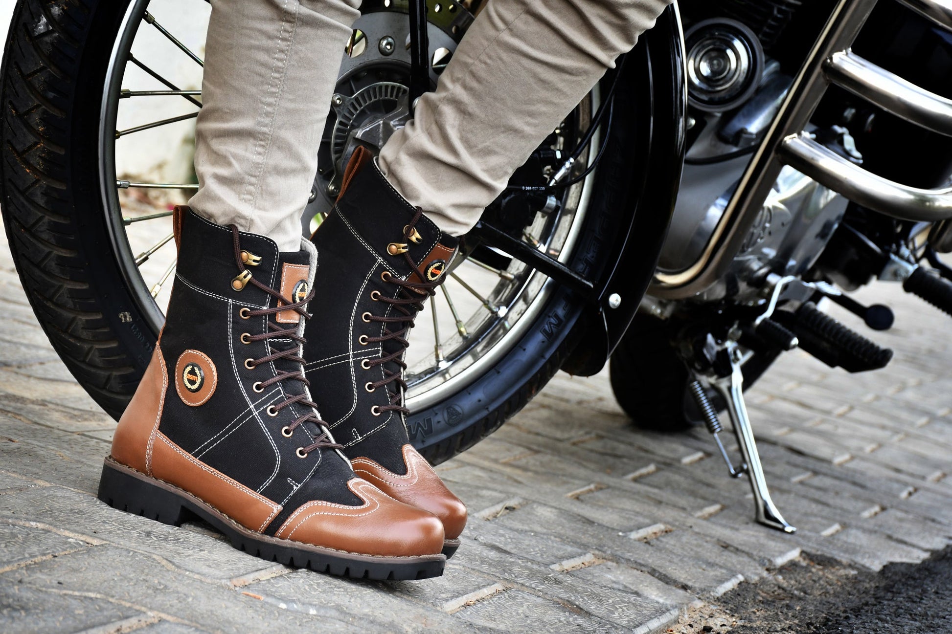 Biker Boots : Black & Tan leather Rider boots for bikers with Memory foam footpad.