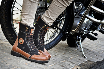Biker Boots : Black & Tan leather Rider boots for bikers with Memory foam footpad.