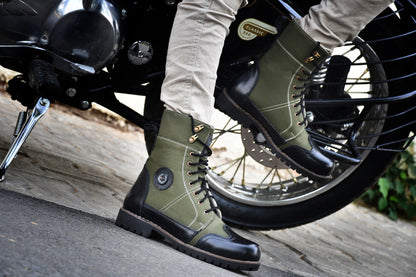 Biker Boots : Green & Black leather Rider boots for bikers with Memory foam footpad.