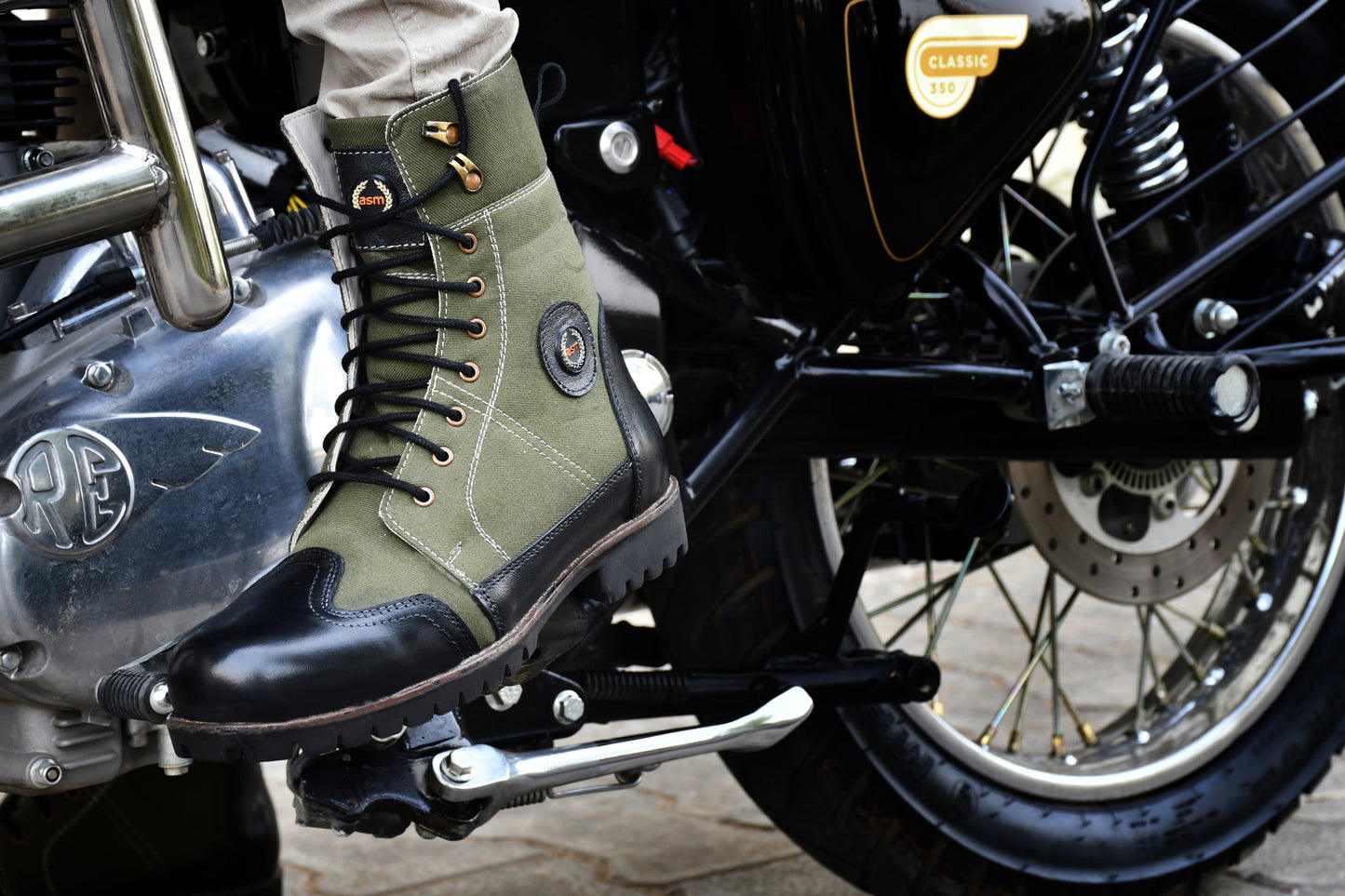 Biker Boots : Green & Black leather Rider boots for bikers with Memory foam footpad.