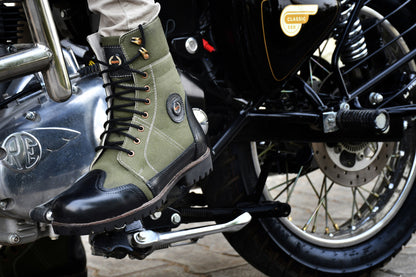 Biker Boots : Green & Black leather Rider boots for bikers with Memory foam footpad.