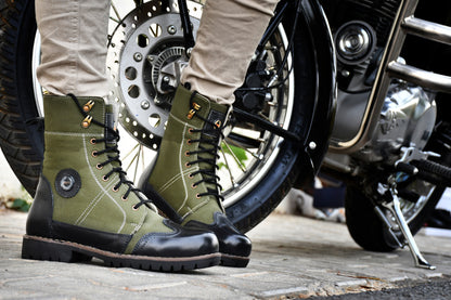 Biker Boots : Green & Black leather Rider boots for bikers with Memory foam footpad.