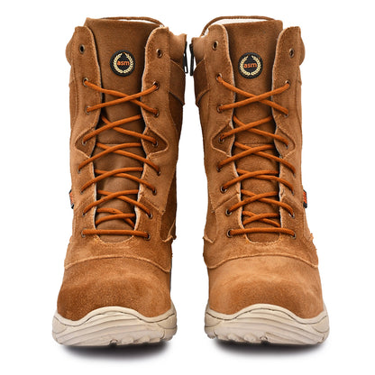 Biker Boots : Tan Suede leather Rider boots for bikers with Side chain & Memory foam footpad.