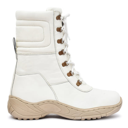 Snow Boots - White Leather Snow Boots with Fur & Memory Foam Footpad