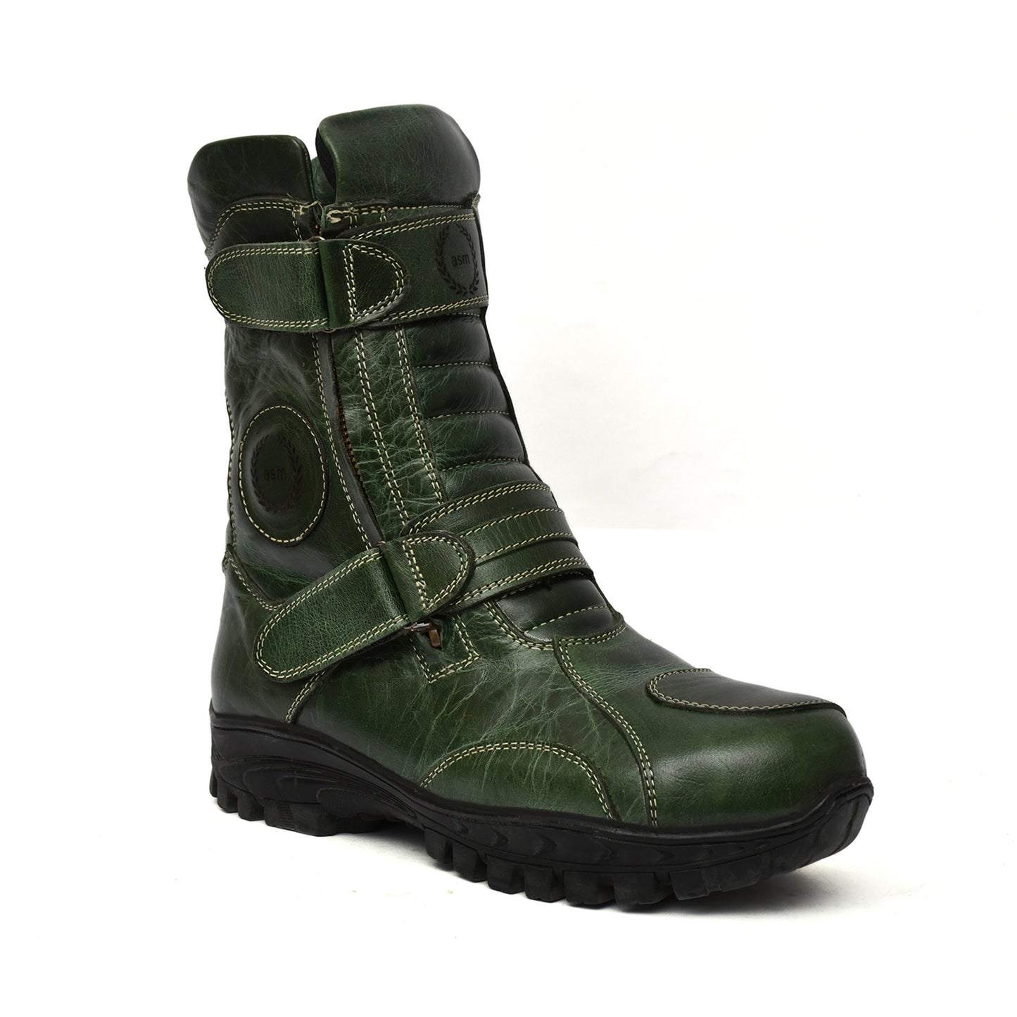 Biker Boots : Green leather Waterproof boots for bikers with Steel toe