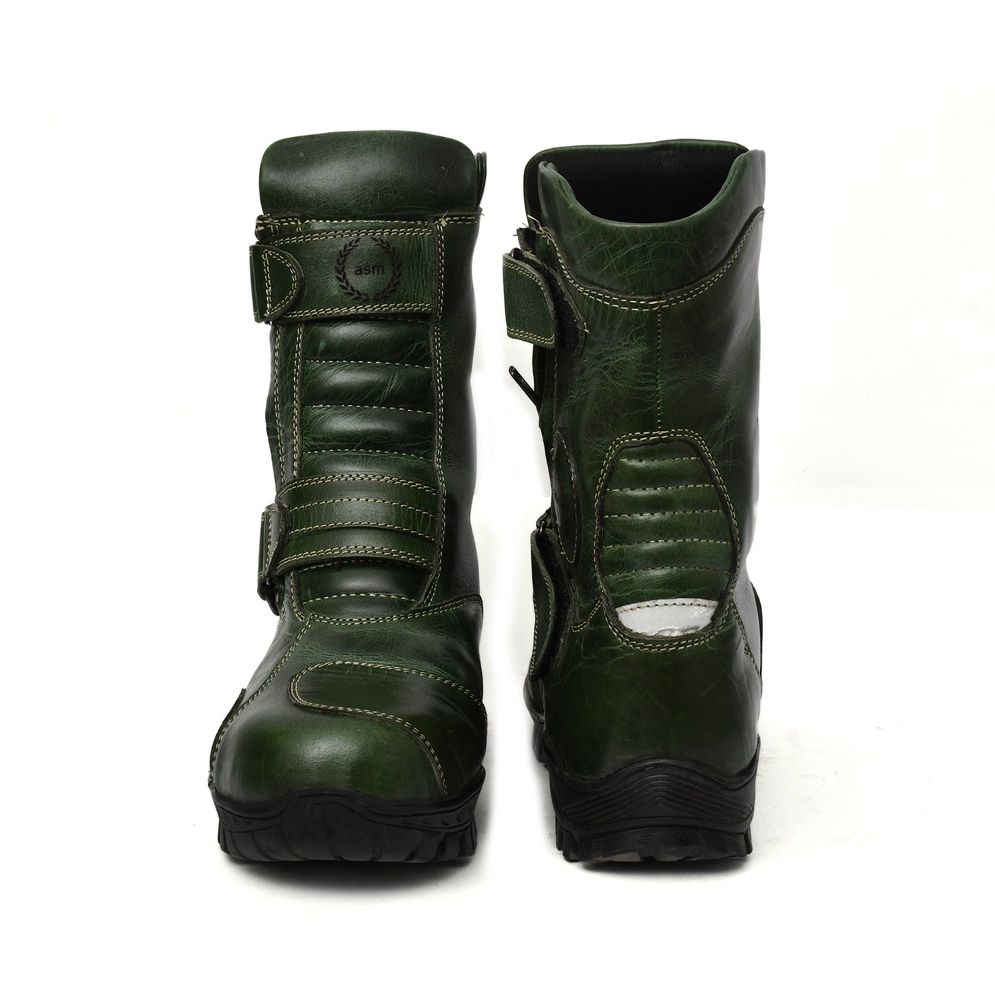 Biker Boots : Green leather Waterproof boots for bikers with Steel toe