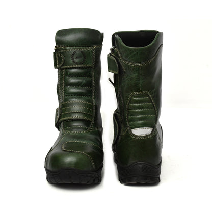 Biker Boots : Green leather Waterproof boots for bikers with Steel toe
