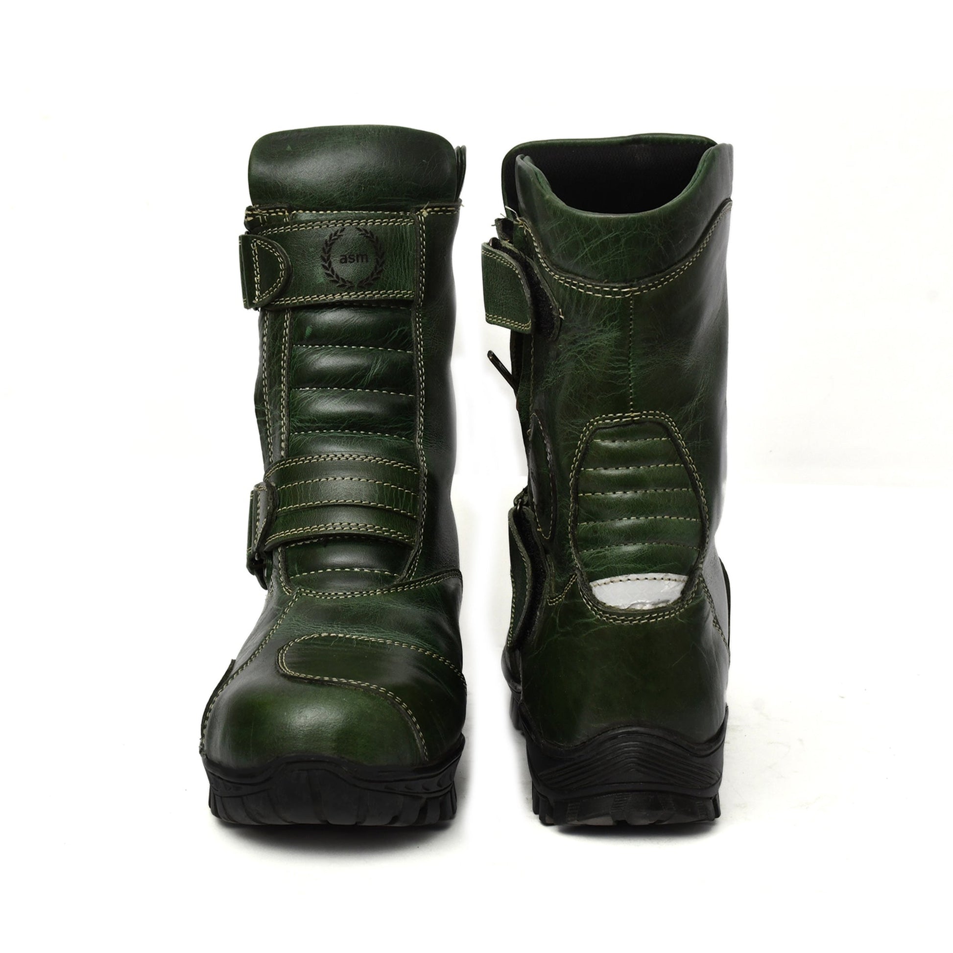 Biker Boots : Waterproof Green Rugged leather Rider boots for bikers with Memory foam footpad.