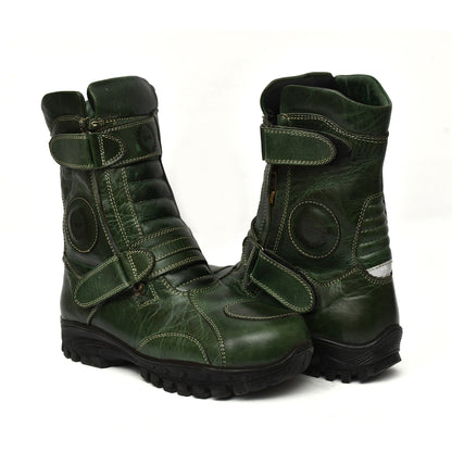 Biker Boots : Green leather Waterproof boots for bikers with Steel toe