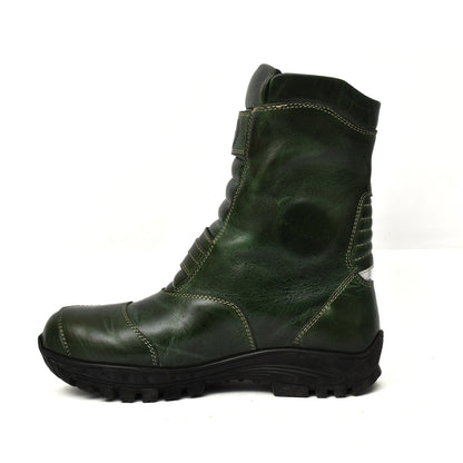Biker Boots : Waterproof Green Rugged leather Rider boots for bikers with Memory foam footpad.