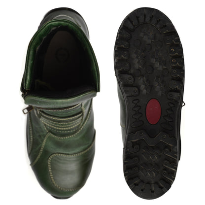 Biker Boots : Green leather Waterproof boots for bikers with Steel toe