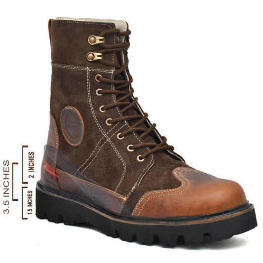Elevator Boots : 3.5″ Inches Hidden Height Increasing Brown Rugged leather Boots.