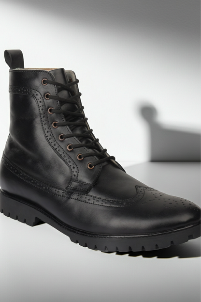 Elevator Boots : 3″Inches Hidden Height Increasing Black leather Brogue Shoes.