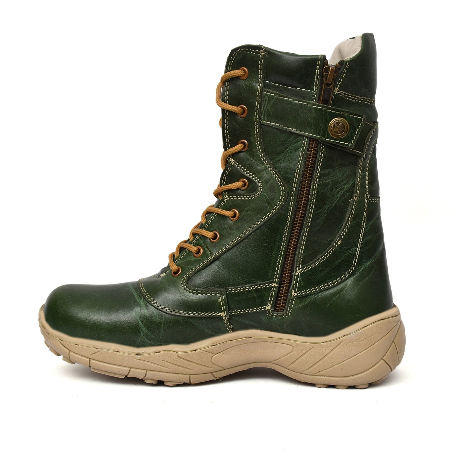 Biker Boots : Green leather Rider boots for bikers with Steel toe