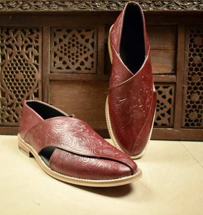 Peshawari : Wine flora embossed leather handmade Peshawari with Memory foam footpad. Article : P01_Flora_Wine