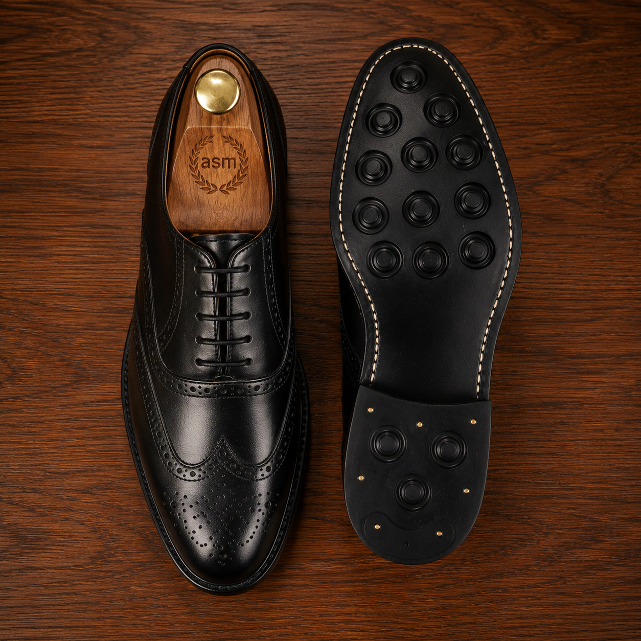 Goodyear Welted Brogue Shoes - Black Grain Leather, Rubber Sole, with Memory Foam Footpad HRG101-Blk