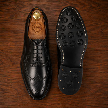 Goodyear Welted Brogue Shoes - Black Grain Leather, Rubber Sole, with Memory Foam Footpad HRG101-Blk