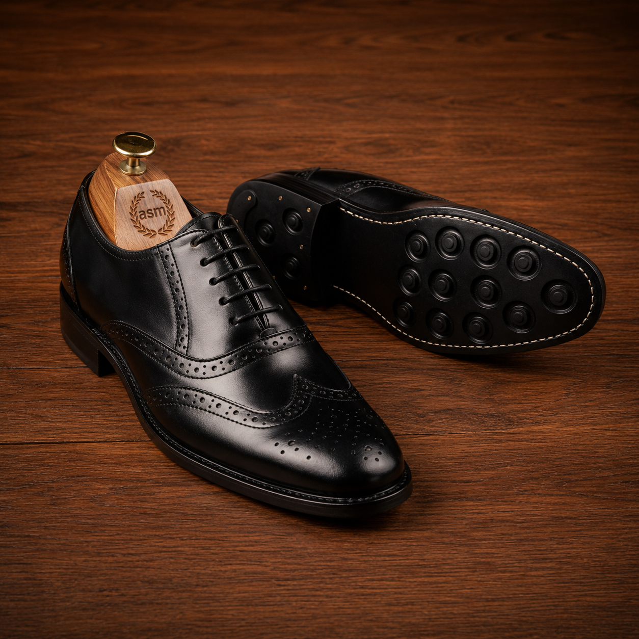 Goodyear Welted Brogue Shoes - Black Grain Leather, Rubber Sole, with Memory Foam Footpad HRG101-Blk