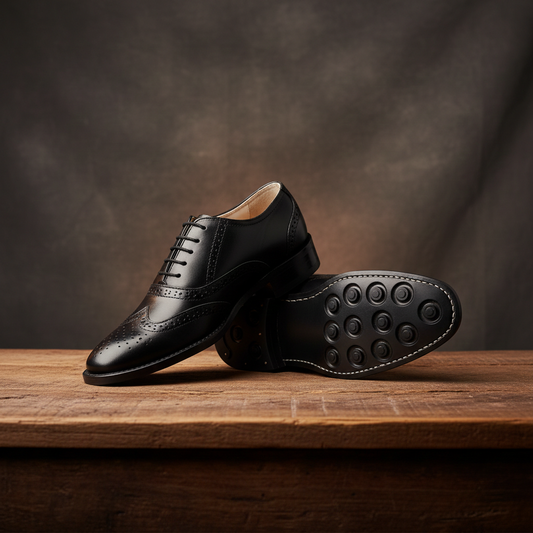 Goodyear Welted Brogue Shoes : Black Grain leather with Rubber sole and Memory foam footpad. HRG102-Blk