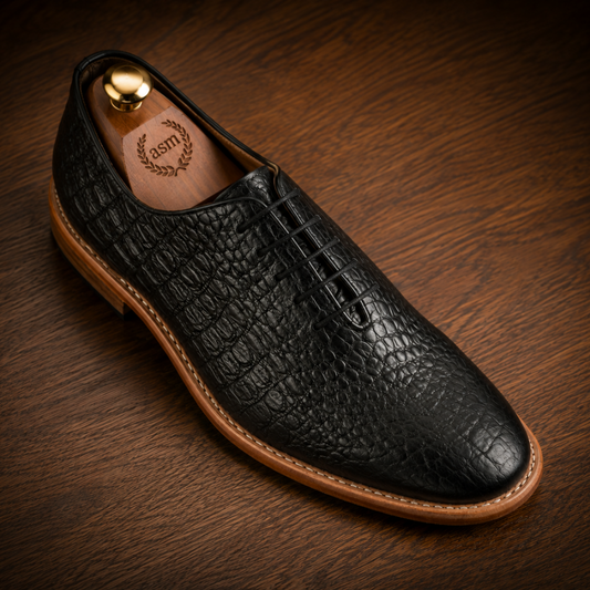 Goodyear Welted Derby Shoes :  Black Croco Embossed leather with Memory foam footpad.
