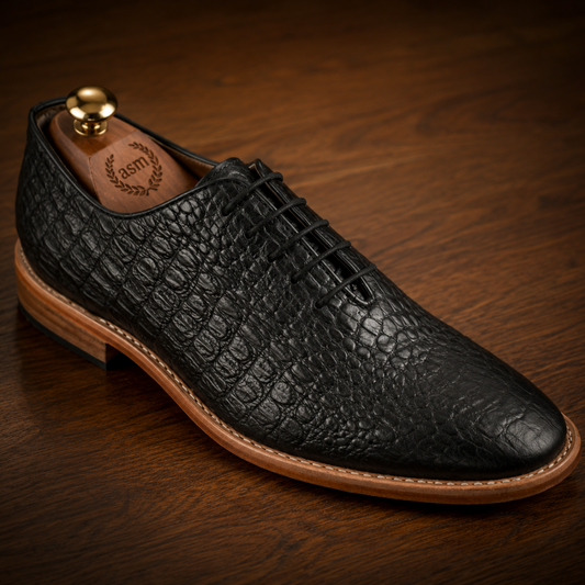 Goodyear Welted Derby Shoes :  Black Croco Embossed leather with Memory foam footpad.