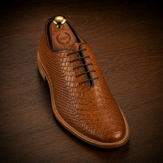 Goodyear Welted Derby Shoes :  Tan Cobra Embossed leather with Memory foam footpad.