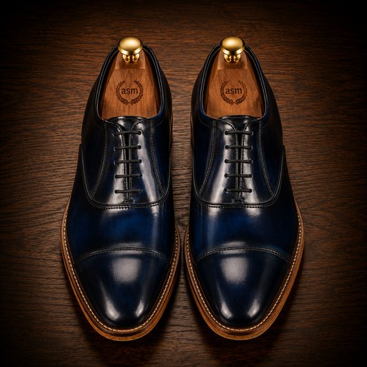 Goodyear Welted Oxford Shoes by ASM:  Blue Brush off leather with Memory foam footpad. H107Blue