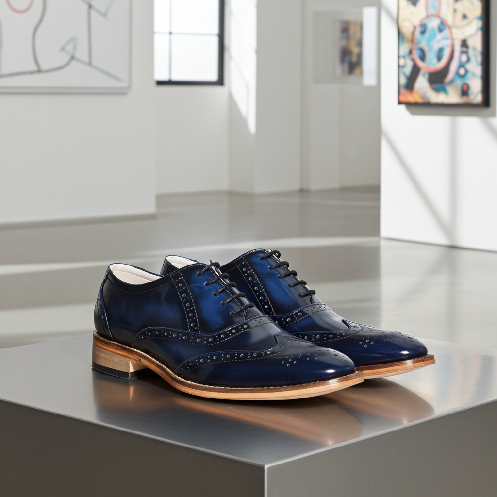 Elevator Shoes : 3″ Inches Hidden Height Increasing Handmade Goodyear Welted Blue Leather Brogue Shoes With Argentina Leather Sole, Fully Leather Lining &amp; Socks And Memory Foam Footpad.