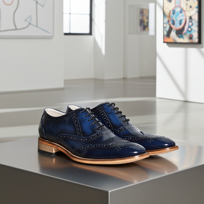 Elevator Shoes : 3″ Inches Hidden Height Increasing Handmade Goodyear Welted Blue Leather Brogue Shoes With Argentina Leather Sole, Fully Leather Lining &amp; Socks And Memory Foam Footpad.