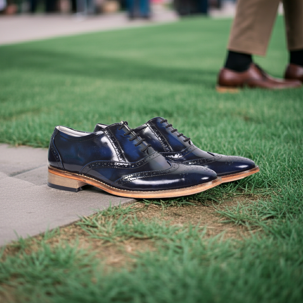 Elevator Shoes : 3″ Inches Hidden Height Increasing Handmade Goodyear Welted Blue Leather Brogue Shoes With Argentina Leather Sole, Fully Leather Lining &amp; Socks And Memory Foam Footpad.