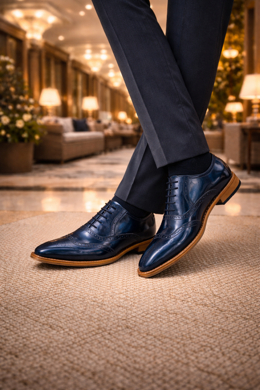 Elevator Shoes : 3″ Inches Hidden Height Increase Blue leather Brogue Shoes.