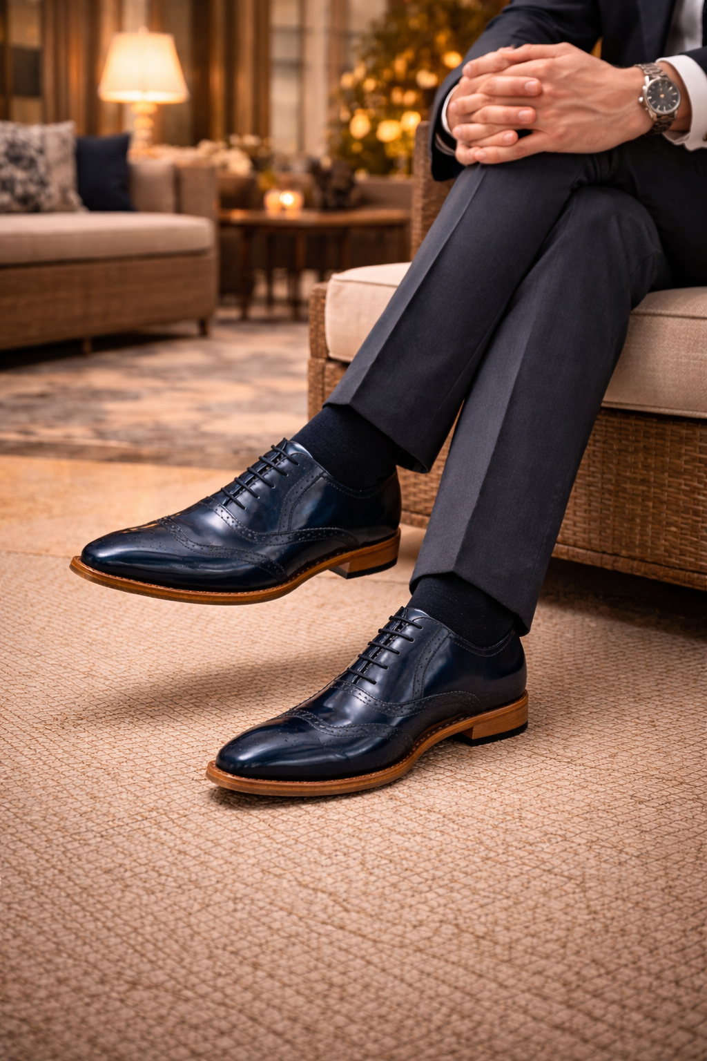 Elevator Shoes : 3″ Inches Hidden Height Increase Blue leather Brogue Shoes.