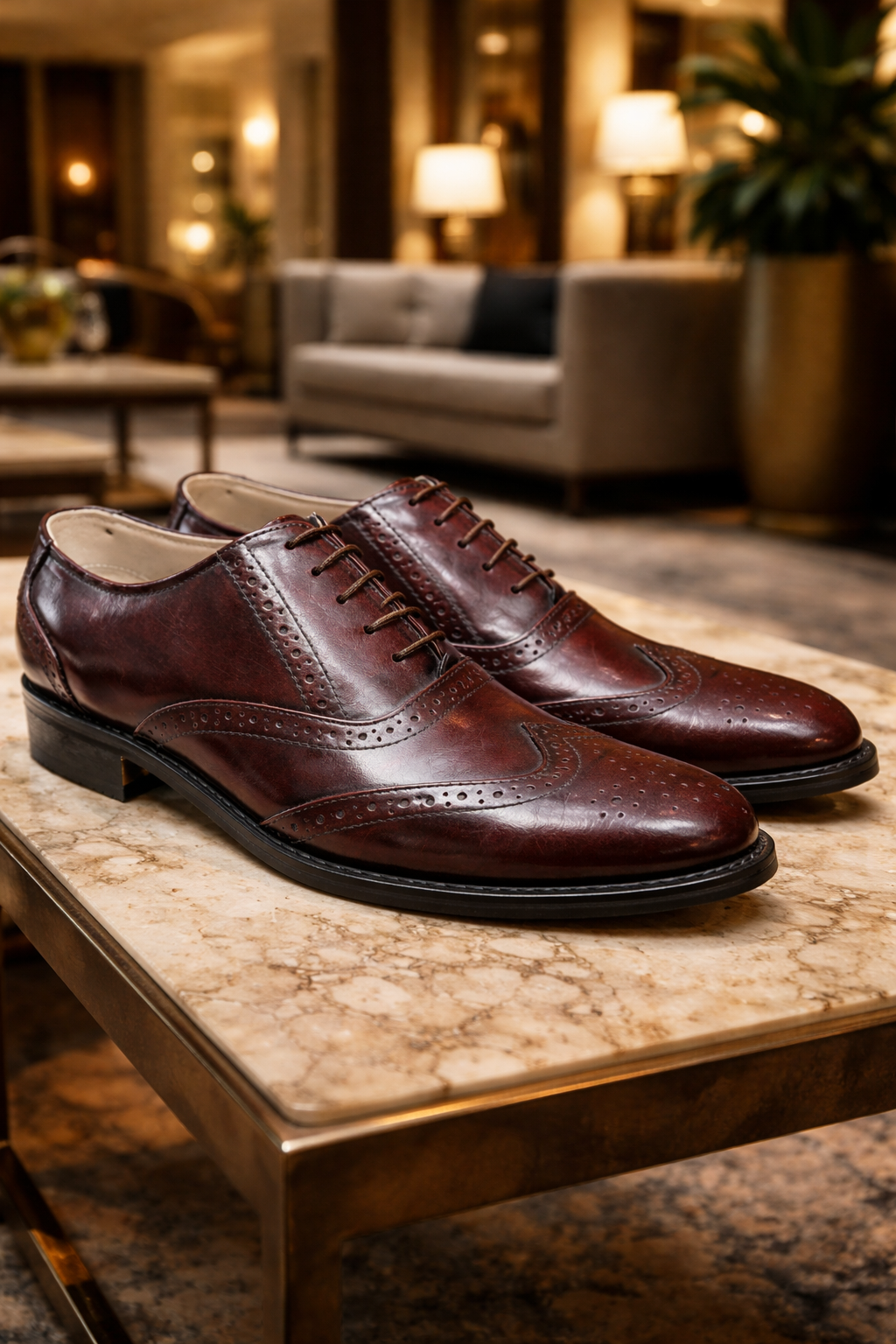 Goodyear Welted Brogue Shoes :  Wine Brush off leather with Memory foam footpad. - Agra Shoe Mart