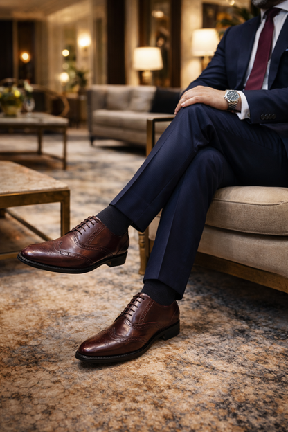 Goodyear Welted Brogue Shoes :  Wine Brush off leather with Memory foam footpad. - Agra Shoe Mart