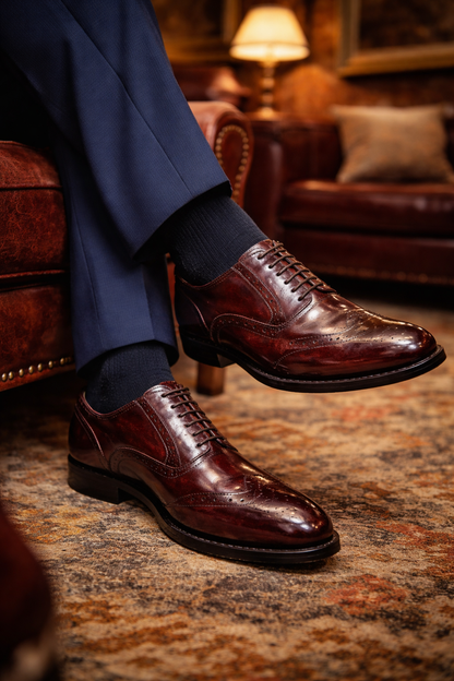 Goodyear Welted Brogue Shoes :  Wine Brush off leather with Memory foam footpad. - Agra Shoe Mart