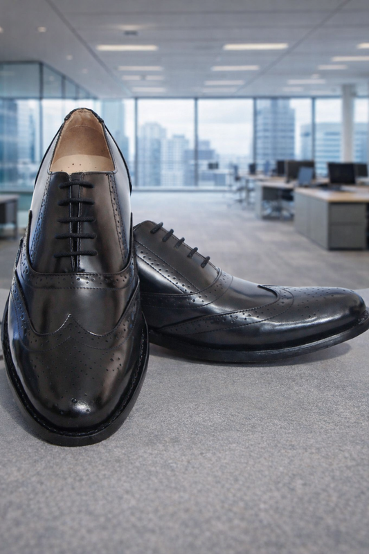 Elevator shoes : 3″ inches hidden height increasing Black leather brogue shoes.