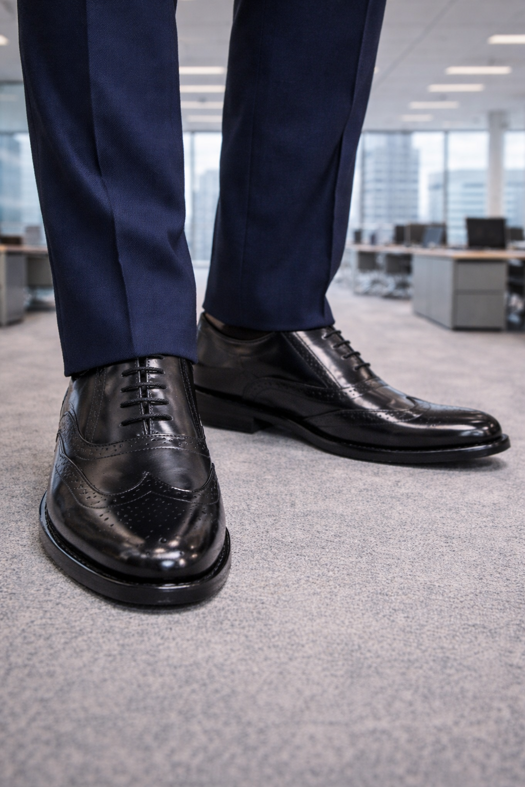 Elevator shoes : 3″ inches hidden height increasing Black leather brogue shoes. - Agra Shoe Mart
