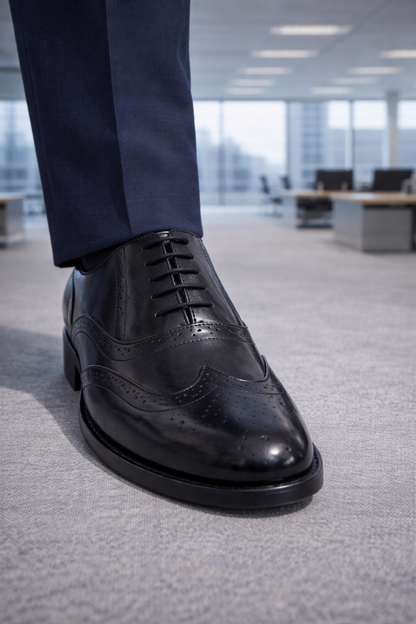 Elevator shoes : 3″ inches hidden height increasing Black leather brogue shoes. - Agra Shoe Mart