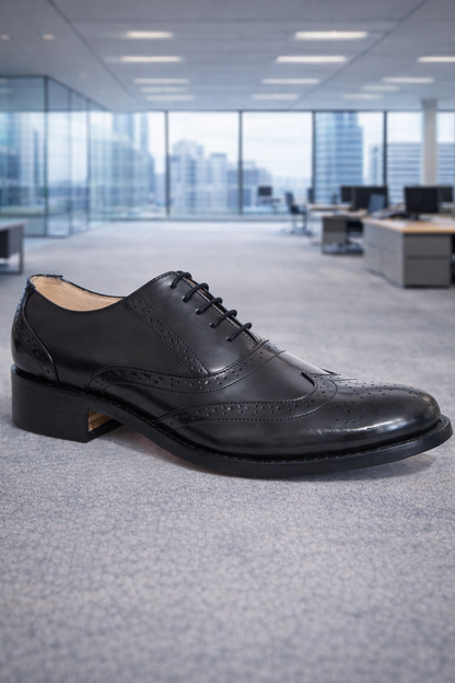 Elevator shoes : 3″ inches hidden height increasing Black leather brogue shoes. - Agra Shoe Mart