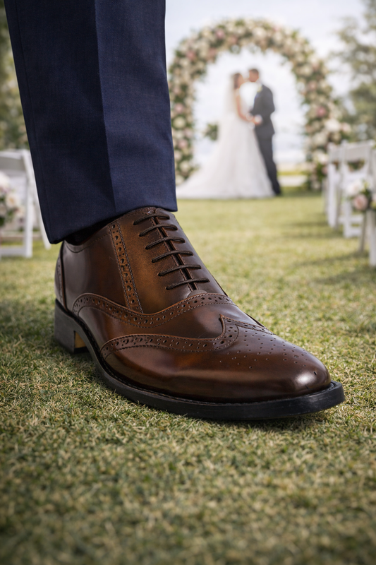Elevator shoes : 3″ inches hidden height increasing Tan leather brogue shoes.