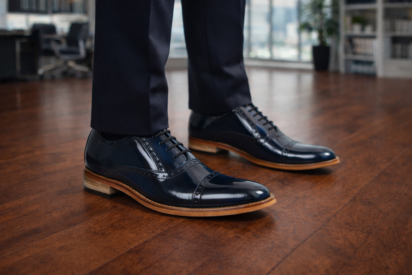 Elevator Shoes : 3″ Inches Hidden Height Increasing Blue Leather Oxford Shoes.