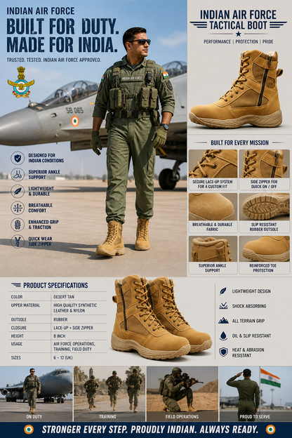Air Force India Uniform Boots : 9 Inches Beige Suede leather Air Force boots for officers with Memory foam footpad.