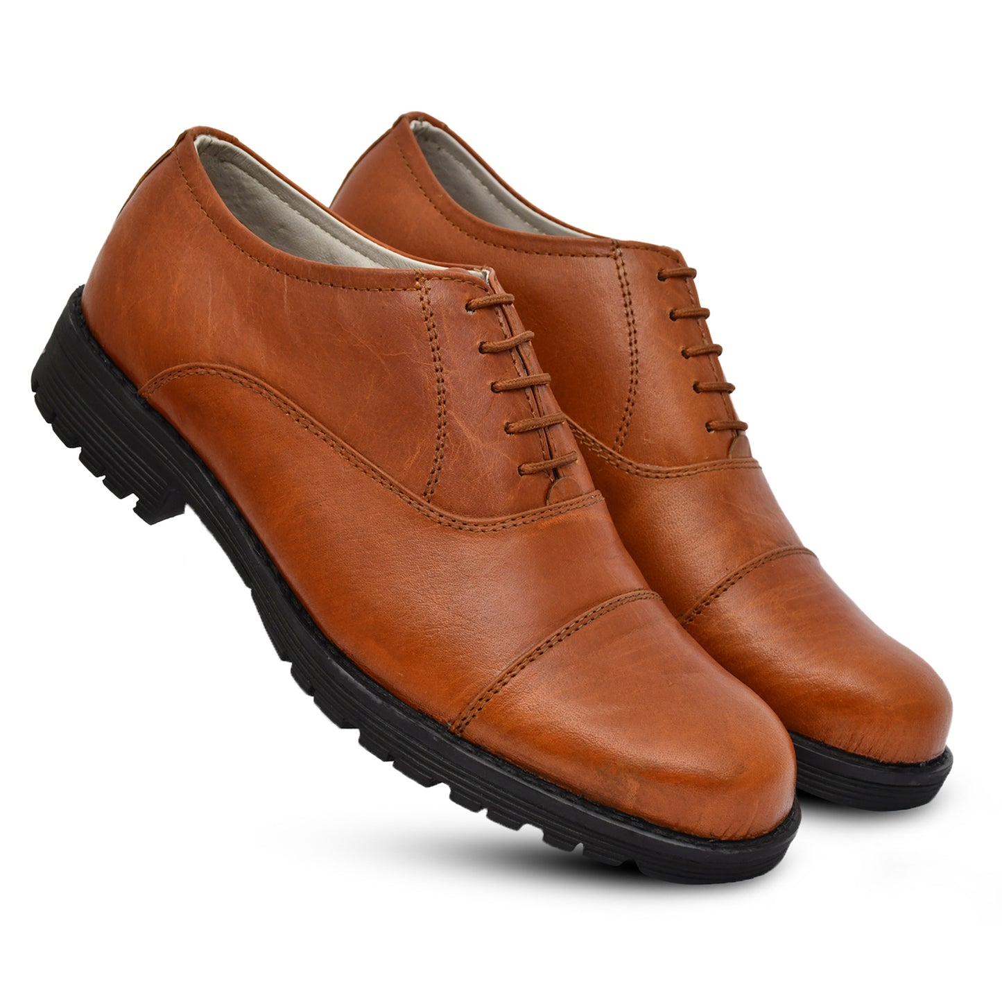 Safety Shoes : Industrial Safety Oxford Tan Rugged leather Shoes with Steel Toe & Memory foam footpad. Article : S110-Tan