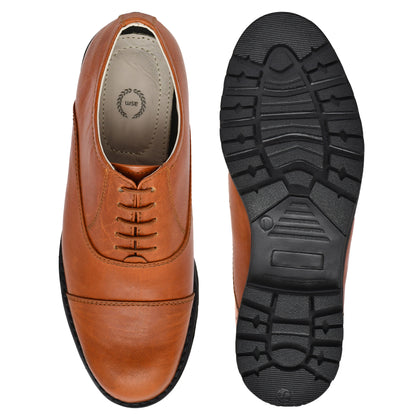 Safety Shoes : Industrial Safety Oxford Tan Rugged leather Shoes with Steel Toe & Memory foam footpad. Article : S110-Tan