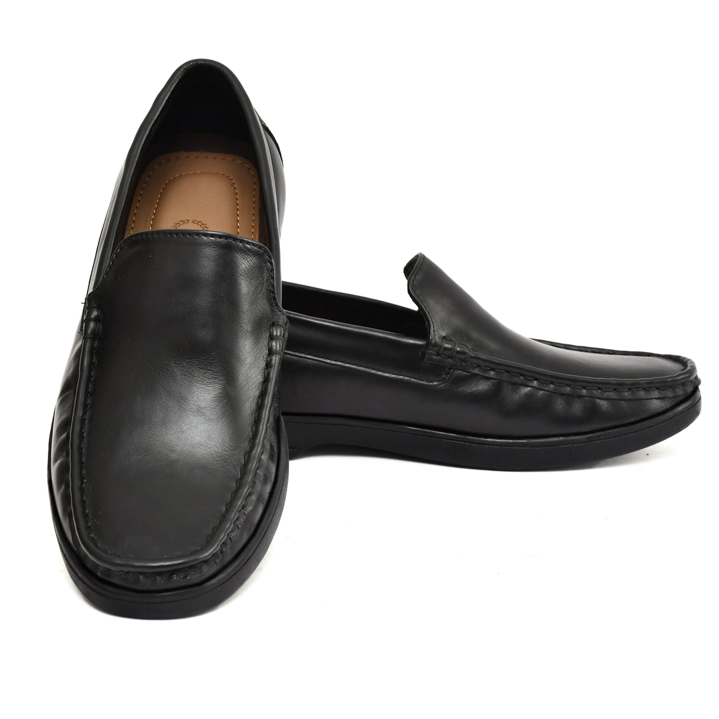 Moccasins : Black leather Moccasins with Memory foam footpad. Article :  MS101-Black
