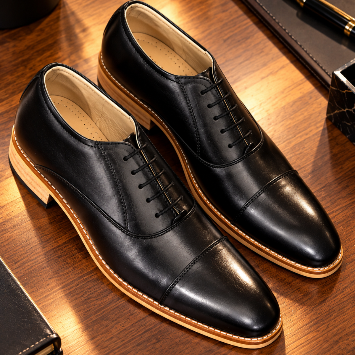 Elevator Shoes : 3″Inches Hidden Height Increasing Black leather Oxford Shoes.