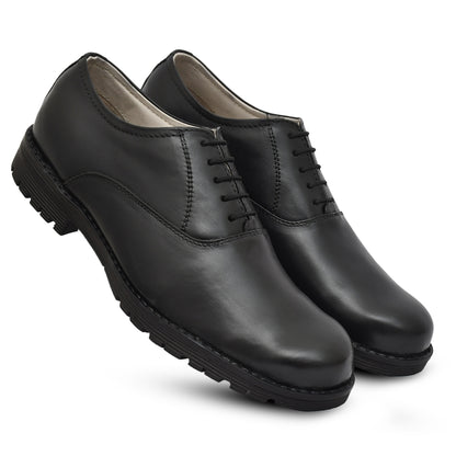 Police Uniform Black Derby Shoes - Genuine Leather Shoes with Memory Foam Footpad