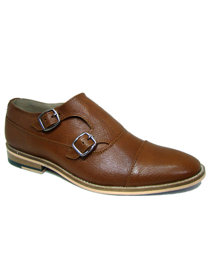 Monk Strap Shoes : Tan leather Monk Strap Oxford Shoes for men with Memory foam footpad. Article : HU113-Tan